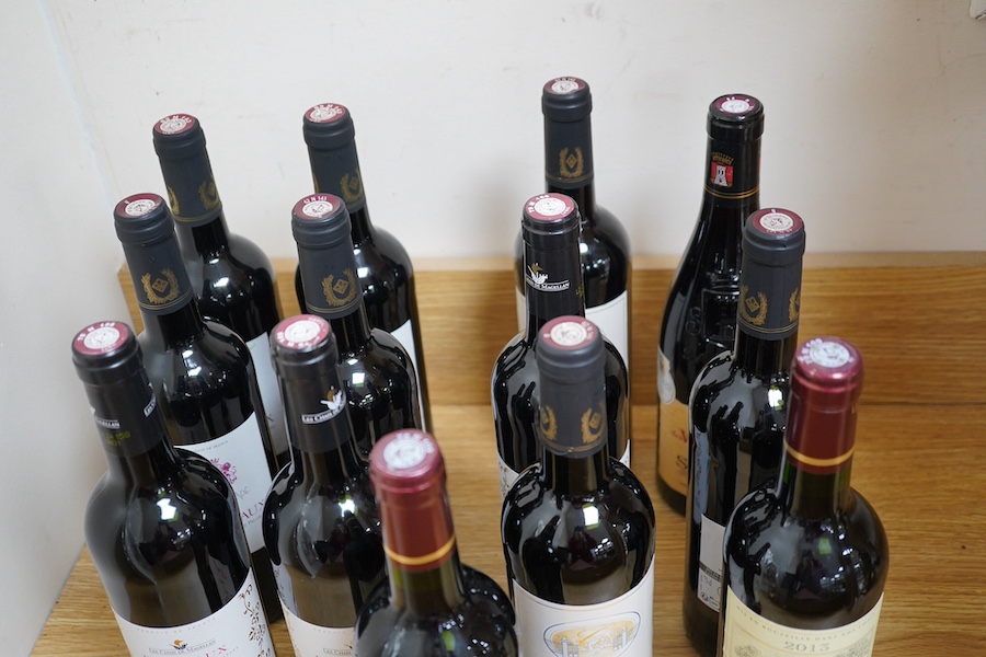 A group of thirteen bottles of various wines including Bordeaux Chateau de Civrac, Medoc Appellation d’Origine Protégée 2013, Les Chais De Magellan Bordeaux 2023, Excellence des Vignerons Sablet Cotes De Rhône Villages 2